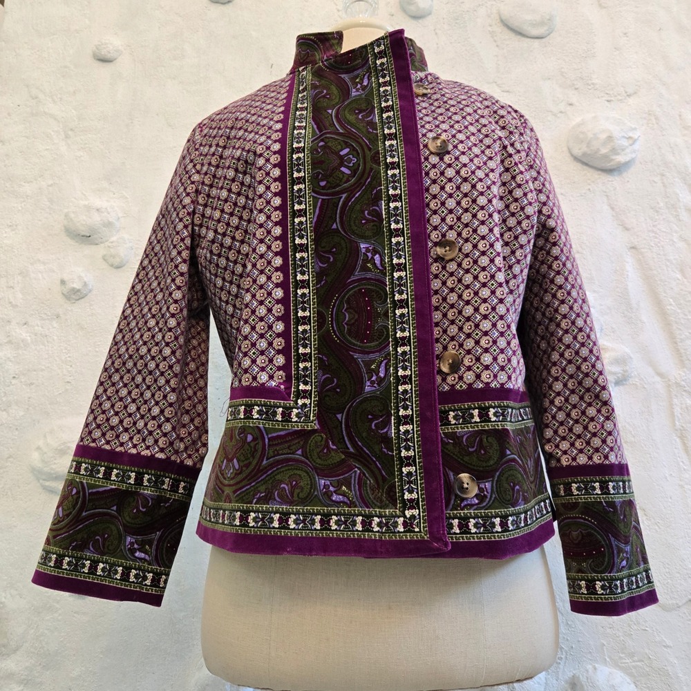 Isaac Mizrahi Purple Paisley Velvet Cropped Jacket Size L VIntage Boho Couture